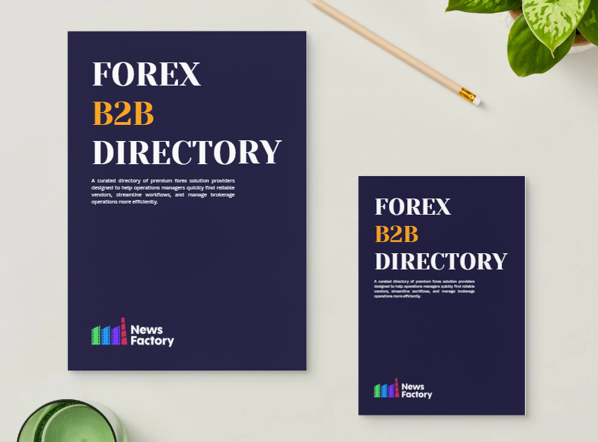 Forex B2B Directory 2026 — printed edition shown in two sizes on a desk